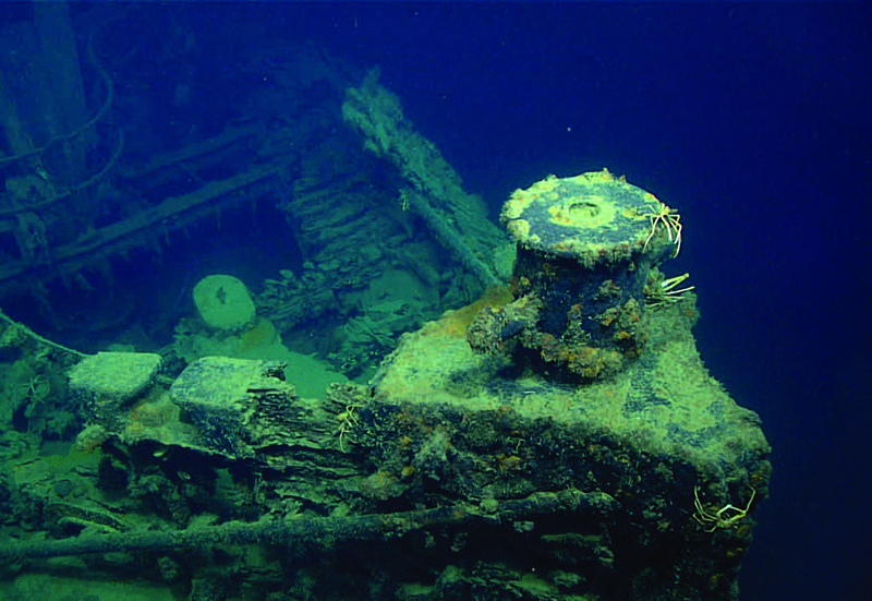 Bow end view into the hull of the wreck of the tugboat New Hope