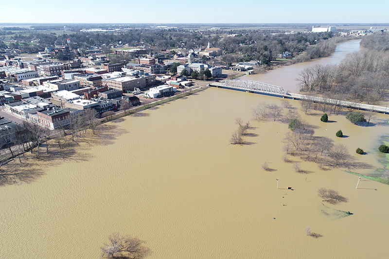 Aerial view of the severely swollen Yalobusha River near downtown Greenwood, MS