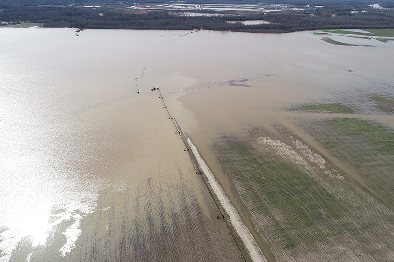 Aerial view of inundated fields and flooded out roads in a rural area of Mississippi